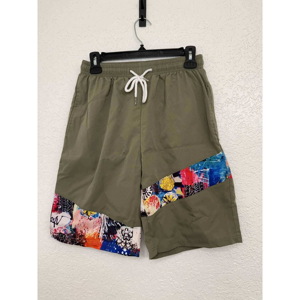 SHEIN Mens Olive Green Graphic Print Drawstring Casual Streetwear Shorts Small